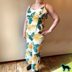 Zara Basic Resort Wear Medium M Printed Jumpsuit White with Yellow Flowers